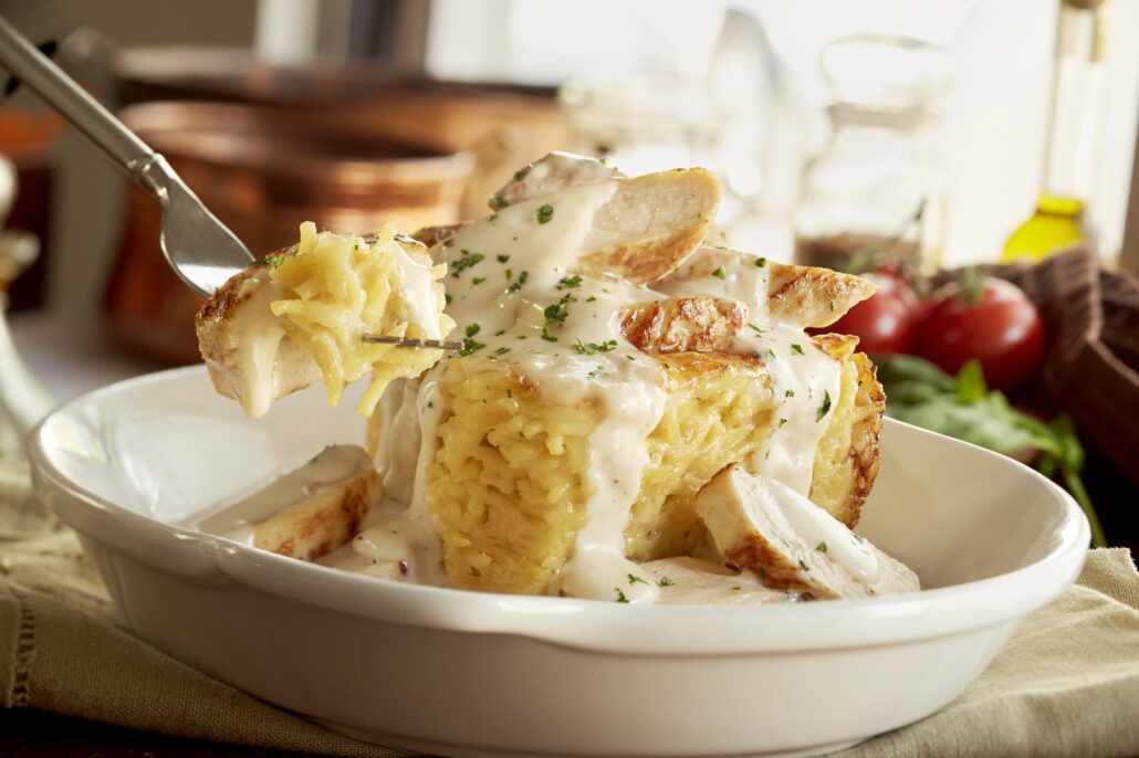 Chicken Alfredo Deep Dish Spaghetti Pie